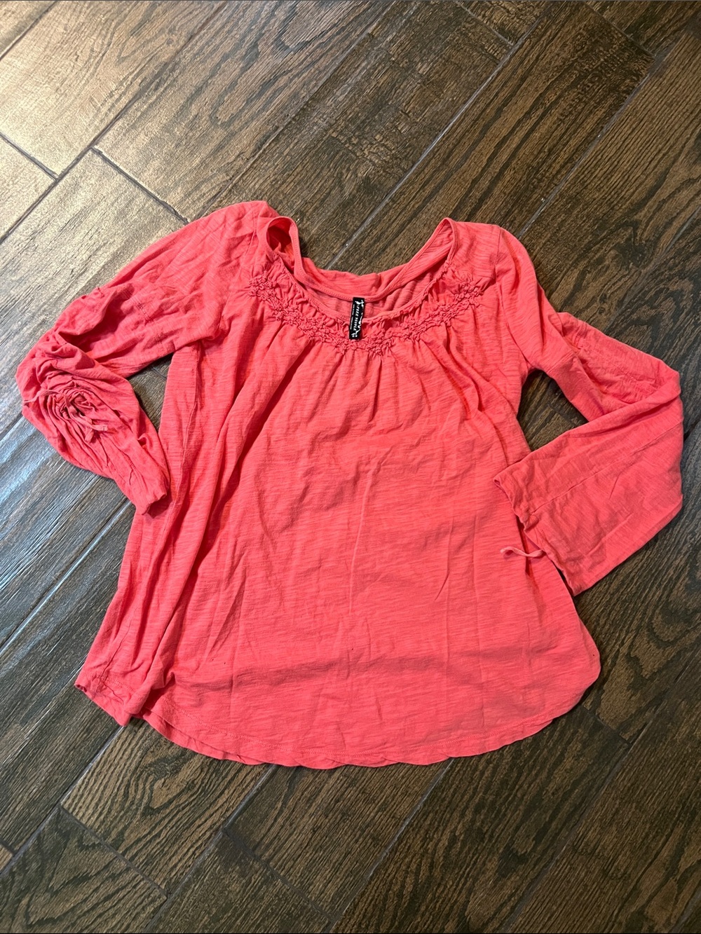 Free People Coral Red Peasant Blouse with Smocked Scoop Neck